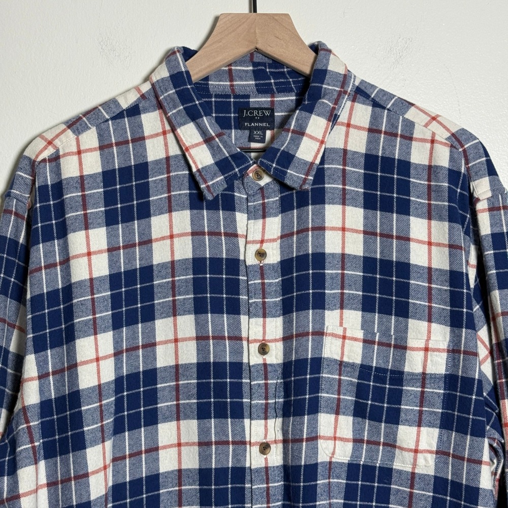 J.Crew Mens Cotton Flannel Shirt XXL Blue White Red Plaid Button Down Preppy